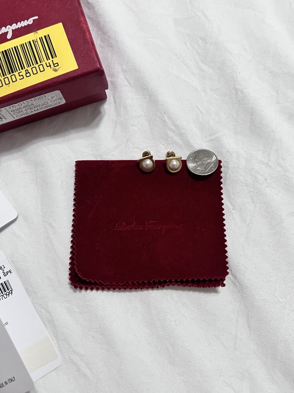Salvatore Ferragamo Gancini Pearl Stud Earrings Gold & White - Picture 5 of 6